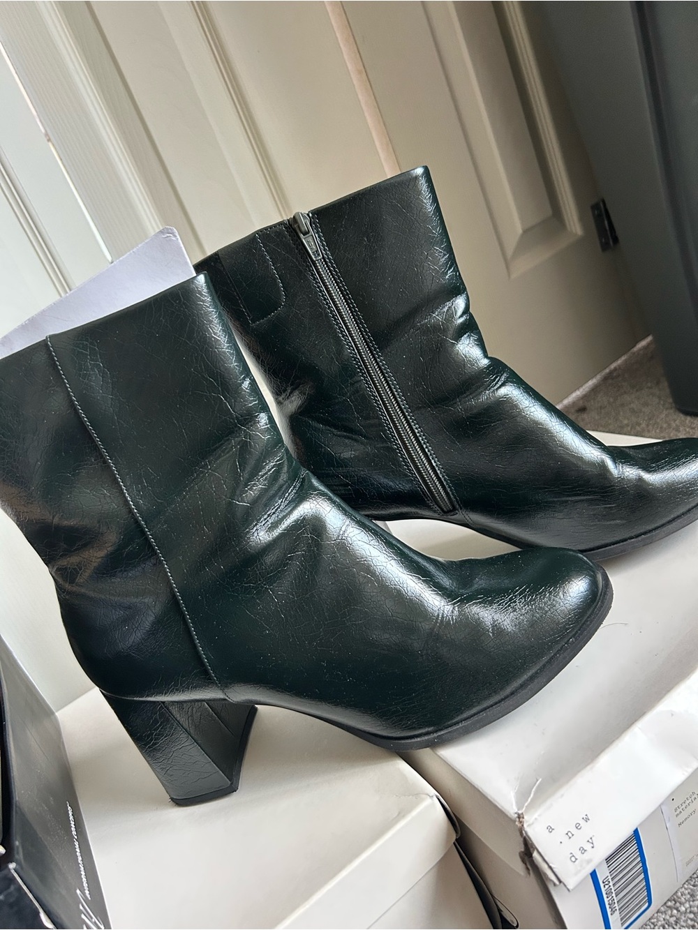 A New Day Dark Green Mid-Calf Leather Heeled Boots